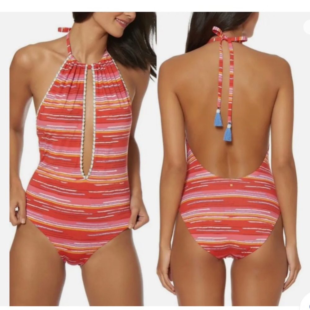 DOLCE VITA Plunge Neck ONE PIECE Tassel, Stripes ONE-PIECE SWIMSUIT L